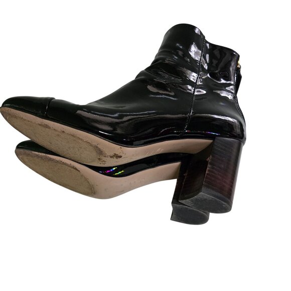 Stuart Weitzman Black Patent Leather Cap Toe Back Zip Heeled Boots Size 8M - Picture 7 of 9